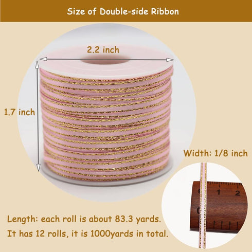 1/8" Assorted Satin Ribbon with Gold Edge Solid, 1000 Yards 3mm Continuous Thin Ribbon for Gift Wrapping, DIY Crafts,
