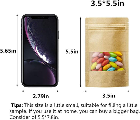 50 pcs Kraft Bags with Window Stand Up Ziplock Seal Paper Bag, Resealable Large Food Storage Pouch 1oz 3.5×5.5in