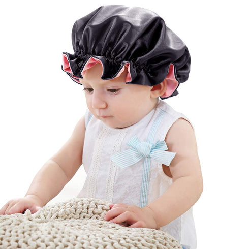 Kids Satin Bonnet Sleeping Cap, Adjustable Reversible Night Caps for 0-3 Years Old, Watermelon Red/Black