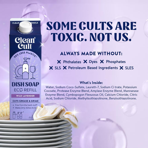 Cleancult Dish Soap Liquid Refill (32oz, 1 Pack) - Plant Based Dish Soap that Cuts Grease & Grime, Wild Lavender