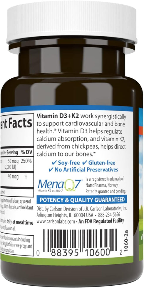 Carlson - Vitamin D3 + K2, 50 mcg (2000 IU) Vitamin D3 & 90 mcg Vitamin K2 as MK7, 30 Capsules, Bone Support