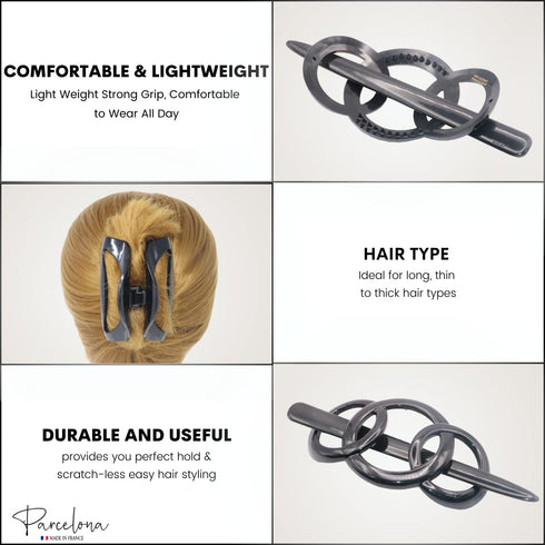 Parcelona French 3.5" Celluloid Hair Slider Barrette - Triple Ringed Non Slip Ponytail Holder for Women