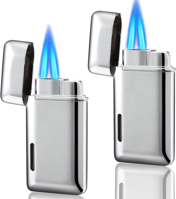 2 Pack Mini Torch Lighter Butane Refillable, Double Flame Adjustable Jet Lighter, Great Gifts for Men and Women (Silver)