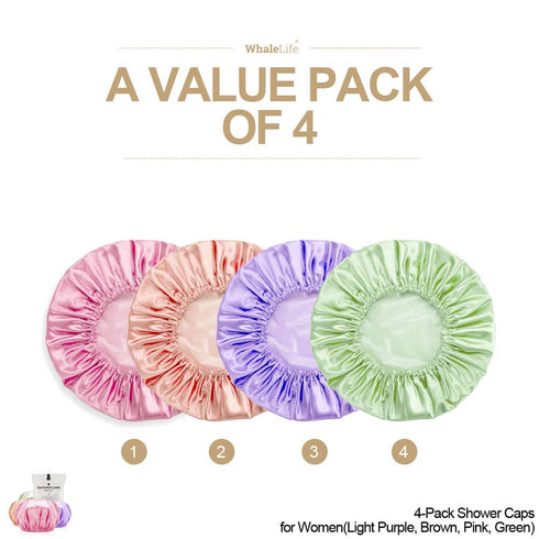 Shower Cap for Women, Reusable Extra Large Satin Double Layer EVA Waterproof Long Hair Caps (4 Pack)