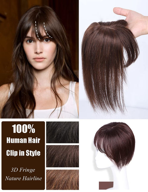 Middle Part Silk Base Human Hair Topper, 7x10cm Clip in Hairpiece with Wispy Fringe, Medium Brown