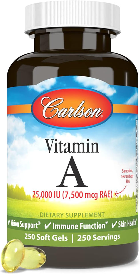 Carlson Vitamin A, 25000 IU (7500 mcg RAE), Immune Support, Vision Health, Antioxidant, 250 Softgels