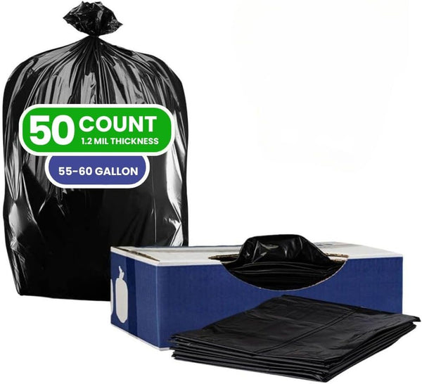 Plasticplace 55-60 Gallon Trash Bags (1.2 Mil, 50 Count) - Black Heavy Duty Garbage Can Liners for Home & Industrial Use