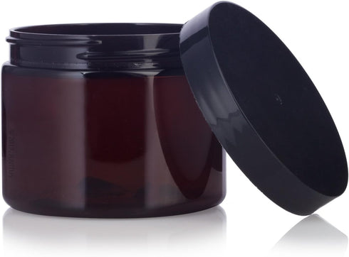 JUVITUS 6 oz Amber PET Plastic Refillable Low Profile Jar, 6 Pack Storage Containers (Black Lids)
