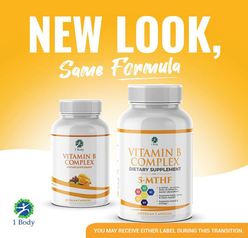 1 Body Vitamin B Complex Twin Pack – 5-MTHF Folate with B1, B2, B5, B6, Methyl B12, Niacin, Biotin – 60 Capsules Each.