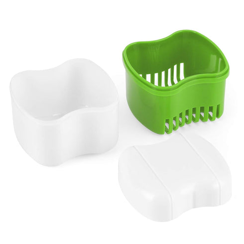 Denture Cup Bath Box Case with Strainer, Dental Retainer Cleaning Container, Light Green