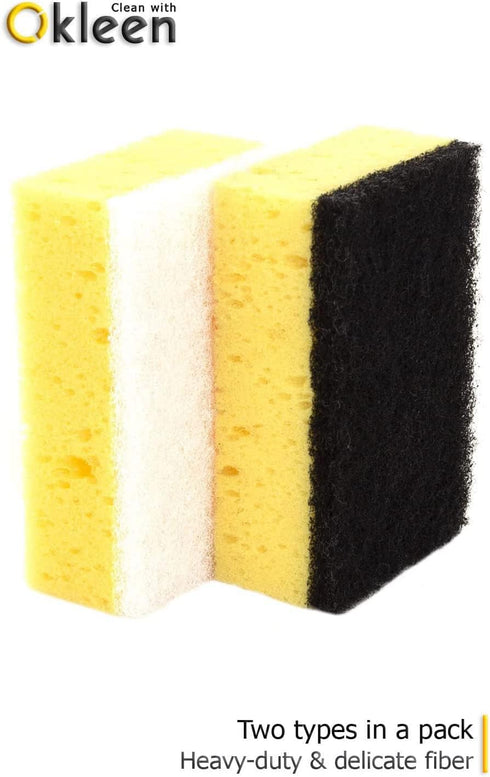 Yellow Multi Use Scrub Sponge, Large Pack of 18, 4.3x2.8x1.4 inches, Black Heavy Duty & White Non Scratch Fiber,