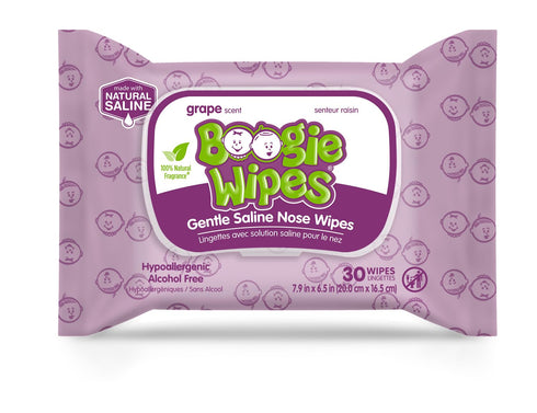 Boogie Wipes Saline Wipes for Baby & Kids - Nose Booger Wipes with Vitamin E, Aloe, Natural Saline - Grape, 30 Count