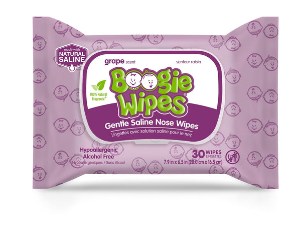 Boogie Wipes Saline Wipes for Baby & Kids - Nose Booger Wipes with Vitamin E, Aloe, Natural Saline - Grape, 30 Count