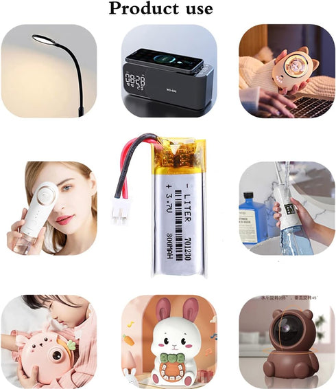 3.7V 701230 300mAh Lithium Polymer Ion Battery Pack, Rechargeable with JST 2.0mm Connector