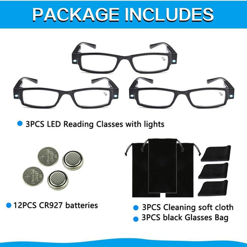 Reading Glasses with Bright LED Light, Lighted Magnifier Nighttime Reader Eyewear Unisex Clear Vision +2.5