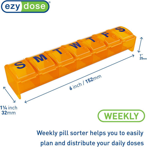 EZY DOSE Weekly (7-Day) Pill Case, Medicine Planner, Large Contoured Compartments, Amber Lids