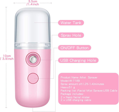 Honoson 2 Pieces Nano Facial Mister, 30 ml Mini Face Humidifier, USB Rechargeable Skin Care Machine