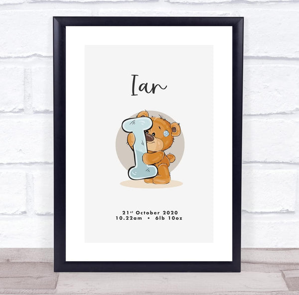 The Card Zoo New Baby Birth Details Christening Nursery Bear Initial I Keepsake Gift Print