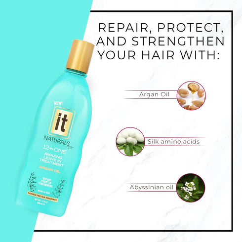 IT Naturals Argan Oil 12-In-One Leave In Treatment 10.2oz | Repairs, Protects & Strengthens Hair | Moisturizing &