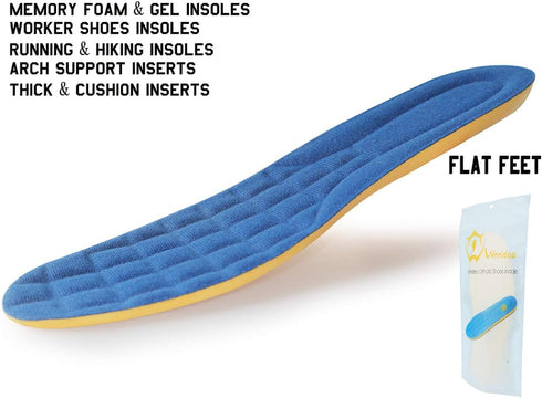 Thick Memory Foam Shoe Inserts with Arch Support, Premium Orthopedic Insoles for Heel Pain, Blue Size 9.5