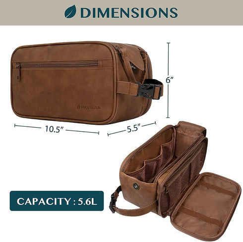 PAVILIA Toiletry Bag for Men, Travel Essentials Dopp Kit, PU Leather Water Resistant Organizer Case, Brown