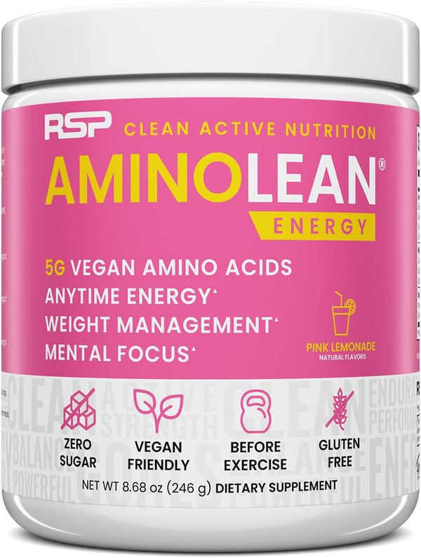 RSP NUTRITION AminoLean Pre Workout Powder, 30 Serv, Pink Lemonade, Amino Energy & Weight Management with Vegan BCAA
