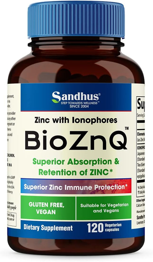 Sandhu's Zinc Supplement with Ionophores, Quercetin & Green Tea Extract, 900mg Vegetarian Capsules, 60 Days Supply