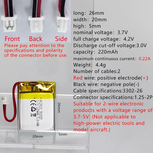 HXJNLDC 3.7V 220mAh 502025 3.7-5V 2-Wire DC Rechargeable Lithium Polymer Battery, Suitable for DIY Electronic Products