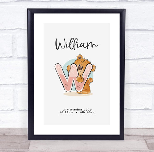 The Card Zoo New Baby Birth Details Christening Nursery Bear Initial W Keepsake Gift Print