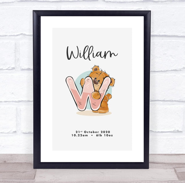 The Card Zoo New Baby Birth Details Christening Nursery Bear Initial W Keepsake Gift Print