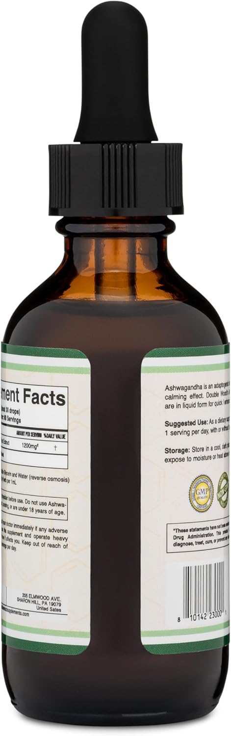 Double Wood Ashwagandha Organic Drops for Stress Relief (1,200mg, 60 Servings) - Adrenal Support, Cortisol Manager