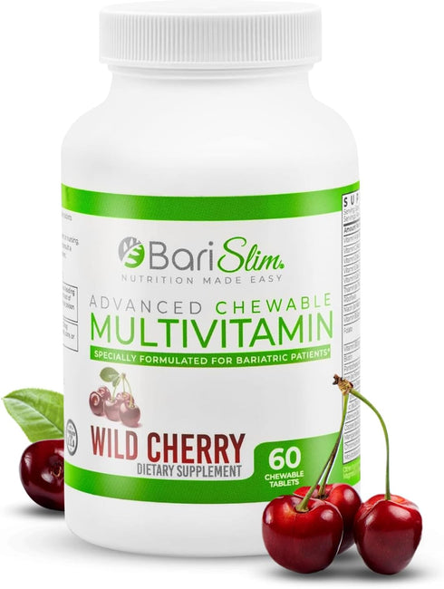 BariSlim Advanced Chewable Bariatric Multivitamin Tablets - Wild Cherry, 60 Count, Post Bariatric Surgery Supplement