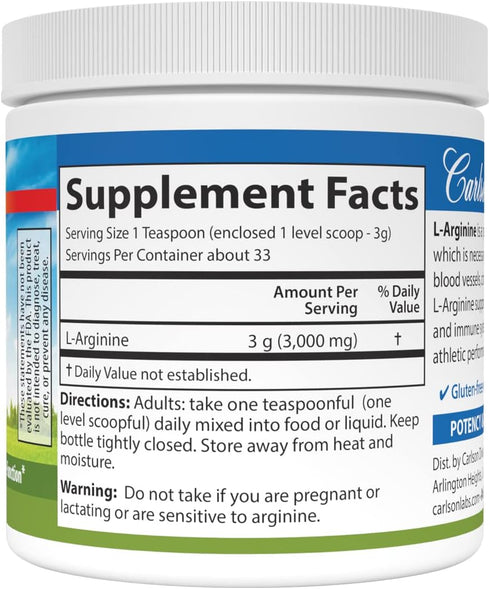 Carlson L-Arginine Powder, Free-Form Amino Acid for Circulatory Health, 3.53 oz (100 g)