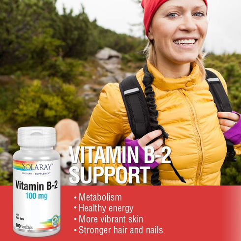 SOLARAY Vitamin B-2 Riboflavin 100 mg with Aloe Vera, 100 CT for Healthy Energy Metabolism