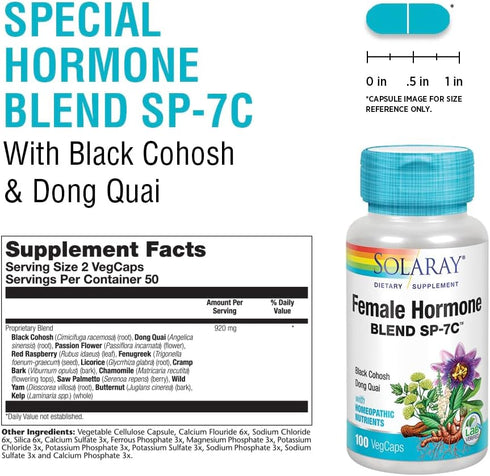 SP-7C 100 50 SOLARAY Female Hormone Blend | W/Black Cohosh, Dong Quai, Passion Flower, Wild Yam & More | VegCaps, Serv.
