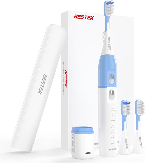 BESTEK Sonic Electric Toothbrush - IPX67 Waterproof, Rechargeable with Multiple Modes, 3 Replacement Brush Heads, Blue