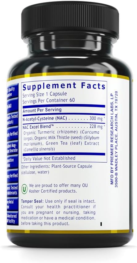 Premier NAC, 60 Capsules, Vegan Product - N-Acetyl-L-Cysteine Blend for Premier Detoxification, Liver and Antioxidant Support