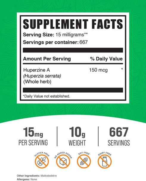 BulkSupplements.com Huperzine A Powder - Huperzia Serrata Nootropic Supplement, Gluten Free, 15mg per Serving, 10g