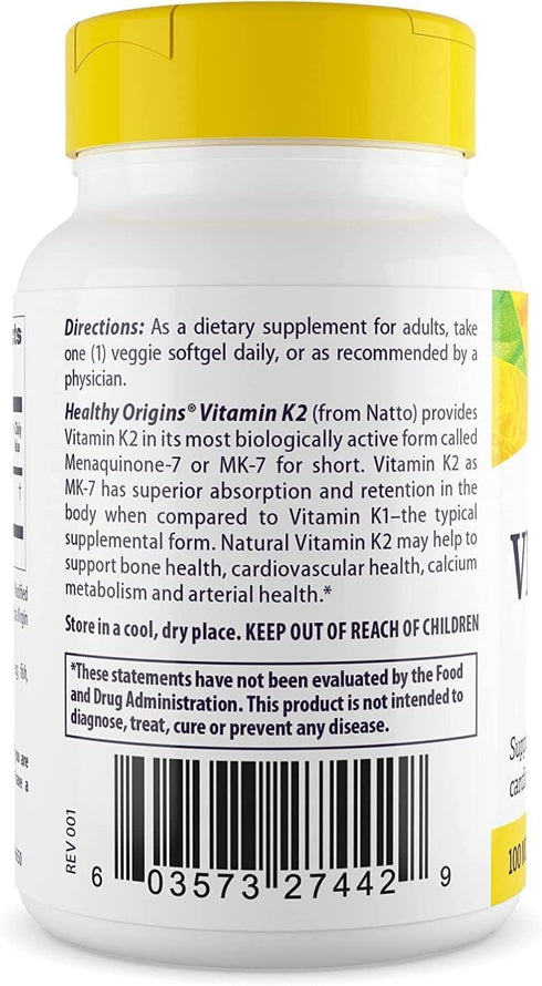 Healthy Origins Vitamin K2 100 mcg (MK-7) - Non-GMO, Gluten Free, Cardiovascular & Bone Support - 60 Veggie Gels