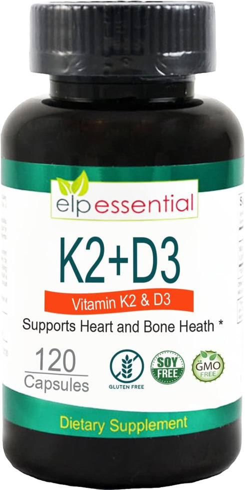 ELP ESSENTIAL Vitamin K2 with D3 Supplement, 120 Capsules for Bone and Heart Health, K2+D3 Vitamins