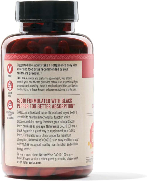 NatureWise CoQ10 100mg Softgels - High Absorption Coenzyme Q10 with BioPerine for Heart Health, 200 Softgels (200-Day