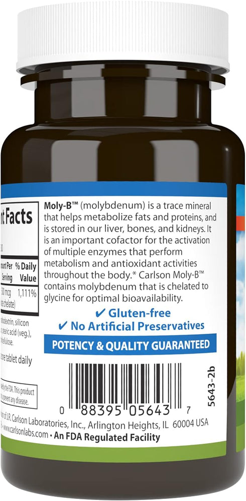 Carlson - Moly-B, Chelated Molybdenum Supplements, Metabolism Support, 300 Vegetarian Tablets