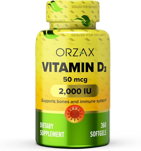ORZAX Vitamin D3 2000 IU, 360 Softgels | 1 Year Supply for Strong Muscle Function & Immune Support