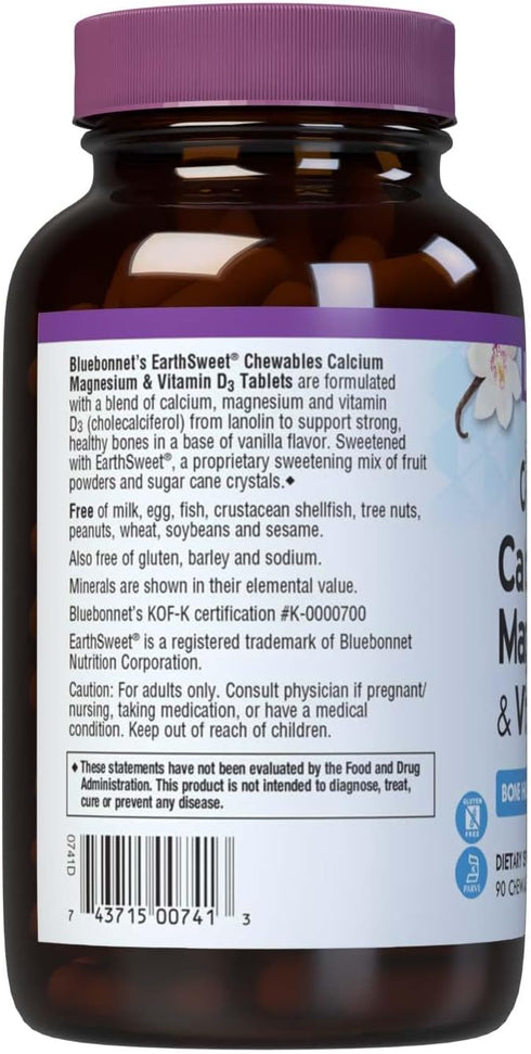 Bluebonnet Nutrition Calcium Magnesium Plus Vitamin D3 Earthsweet, Bone Health & Muscle Relaxation, 90 Vanilla Flavored