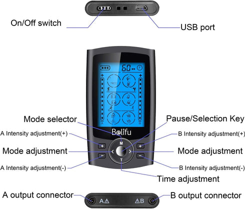 Belifu Dual Channel TENS EMS Unit - 24 Modes Muscle Stimulator for Pain Relief Therapy with 10 Pads