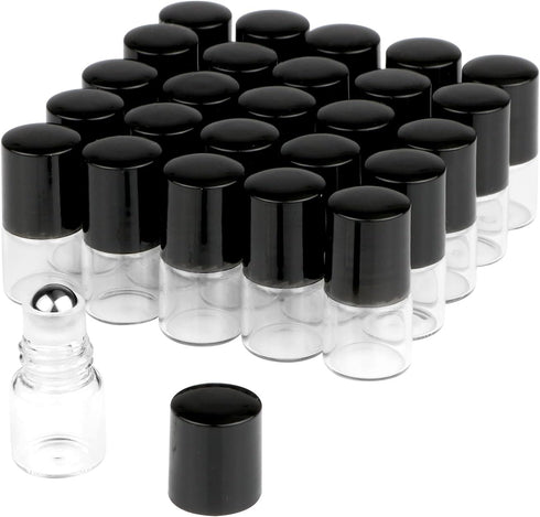 Wresty 25 Pcs Clear Glass Mini Roll On Bottles, Empty Essential Oil Roller Ball Bottles with Black Cap (1ml)
