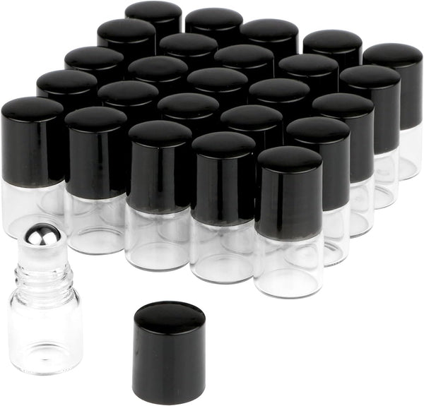 Wresty 25 Pcs Clear Glass Mini Roll On Bottles, Empty Essential Oil Roller Ball Bottles with Black Cap (1ml)