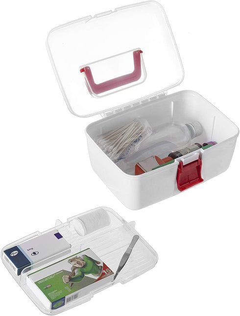 MyGift 10 Inch Portable White Plastic Storage Box with Removable Tray, Clear Lid, Red Handle and Latch Lock