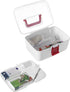 MyGift 10 Inch Portable White Plastic Storage Box with Removable Tray, Clear Lid, Red Handle and Latch Lock