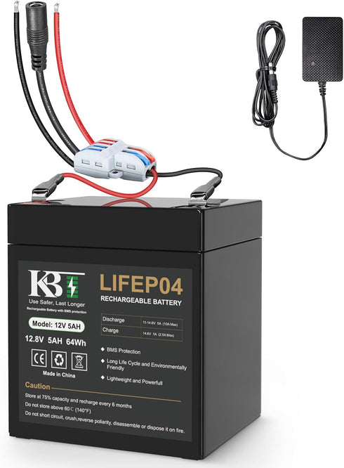 KBT KEEP BETTER TECH KBT 12V 5Ah Rechargeable Lithium LiFePO4 Battery Pack, Bare Leads Wire Replacement